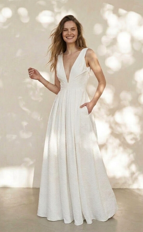 kisui Berlin Oui, schlichtes Kleid mit Taschen, modern, lässig Brautkleid, Hochzeitskleid