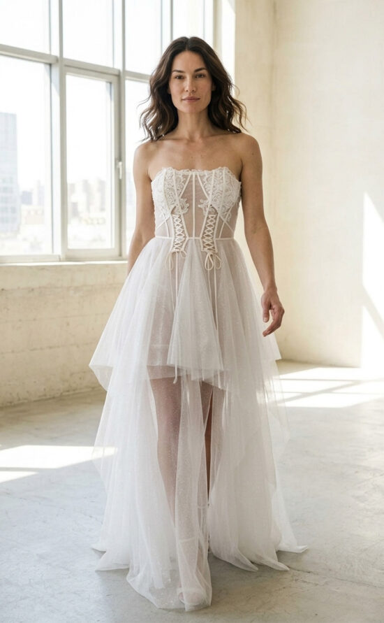 kisui Berlin modernes Brautkleid mit Glitzertüll modern Wedding Dress with glitter tulle