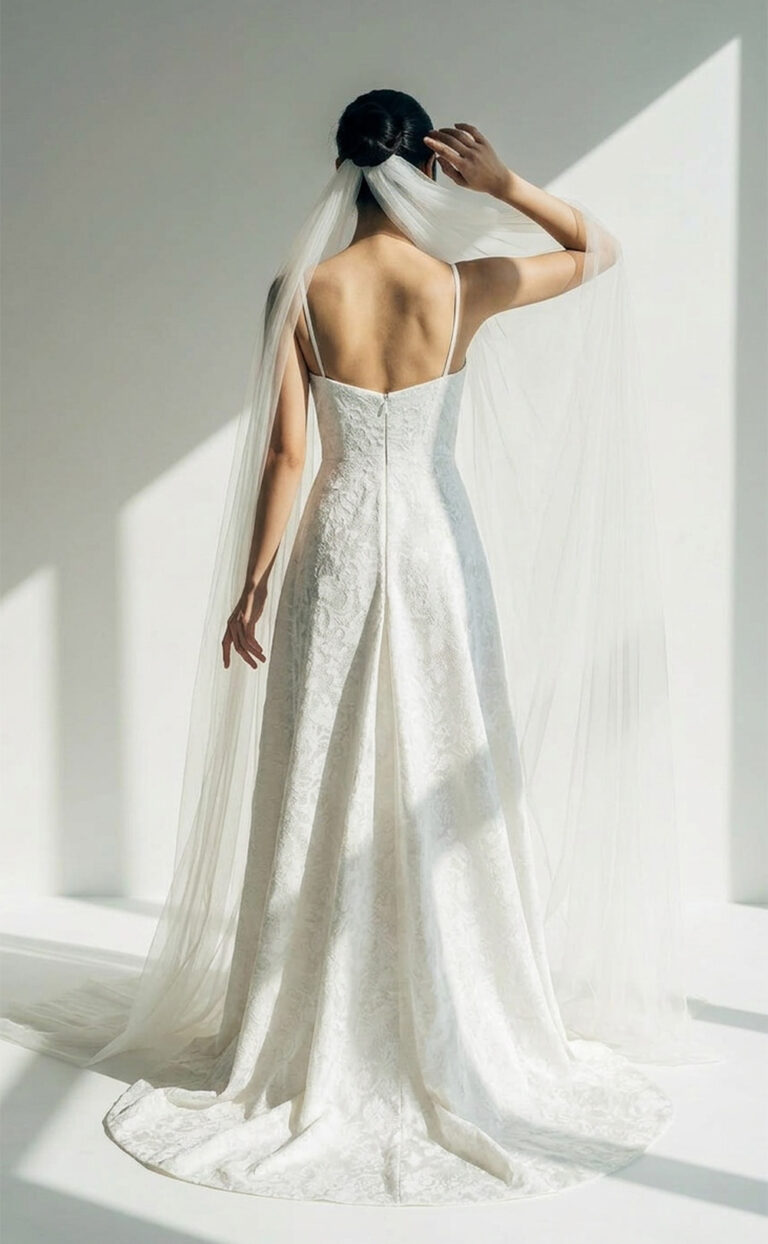 Silea – Brautkleid aus bedruckter Seide mit Spitzenoptik