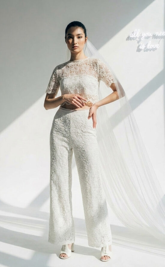 Fleur Lace Top & Neya Lace Trousers – Contemporary Bridal Trouser Suit in French Cotton Lace