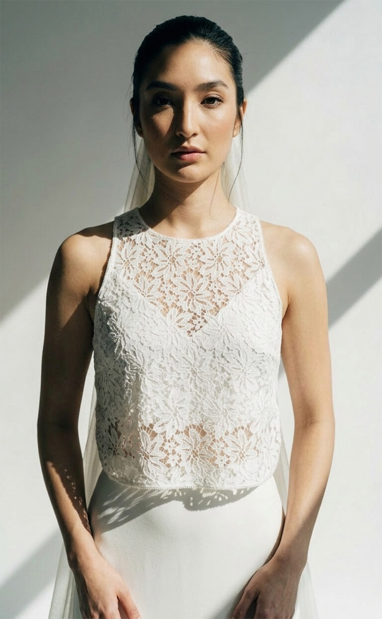 Neya Lace Top – Modern bridal lace top in French cotton lace